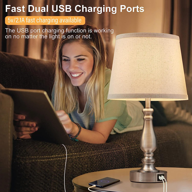 Lamps For Bedrooms Set Of 2 Brushed Nickel Bedside Lamps With USB Ports 3 Way Dimmable Nightstand Lamps With Fabric Lampshade Touch Table Lamp For